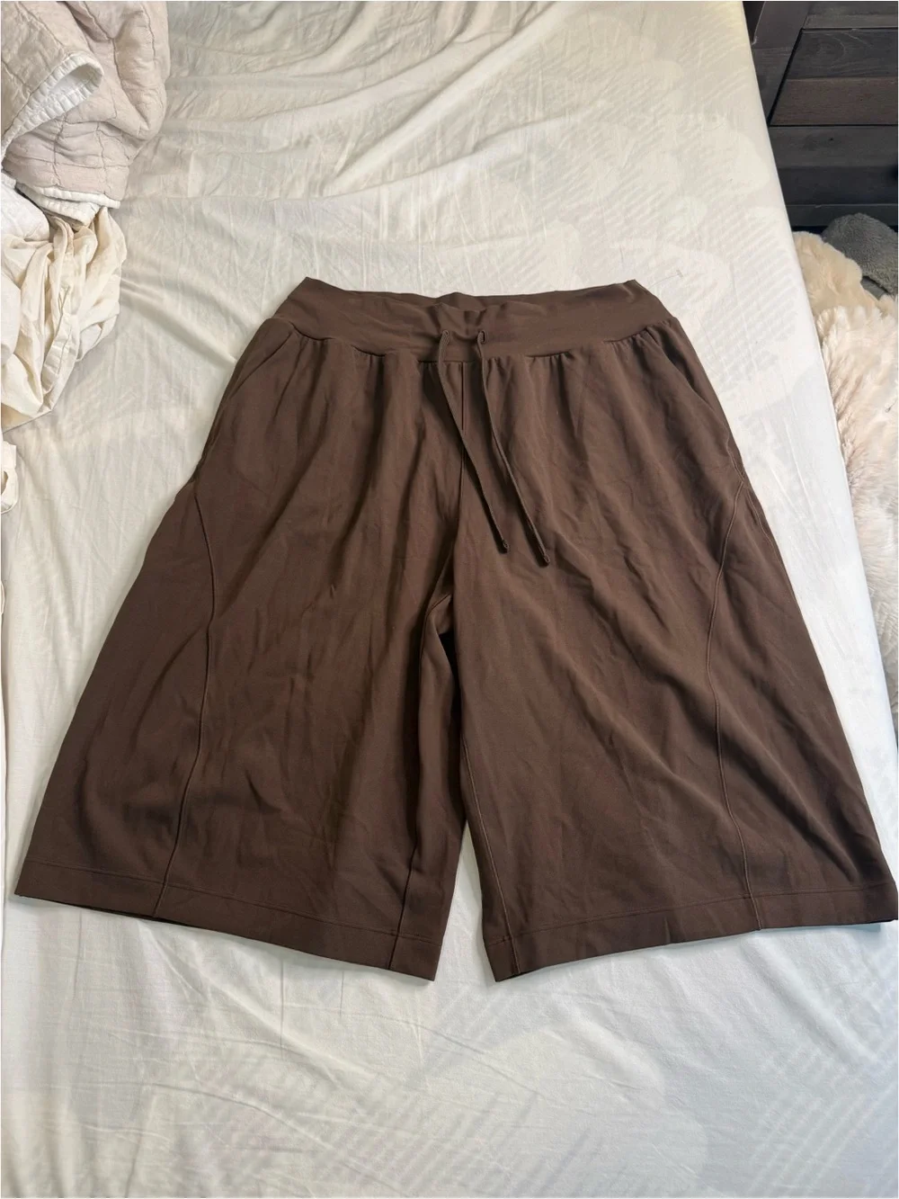 Brown Wide-Leg Cropped Drawstring Pants